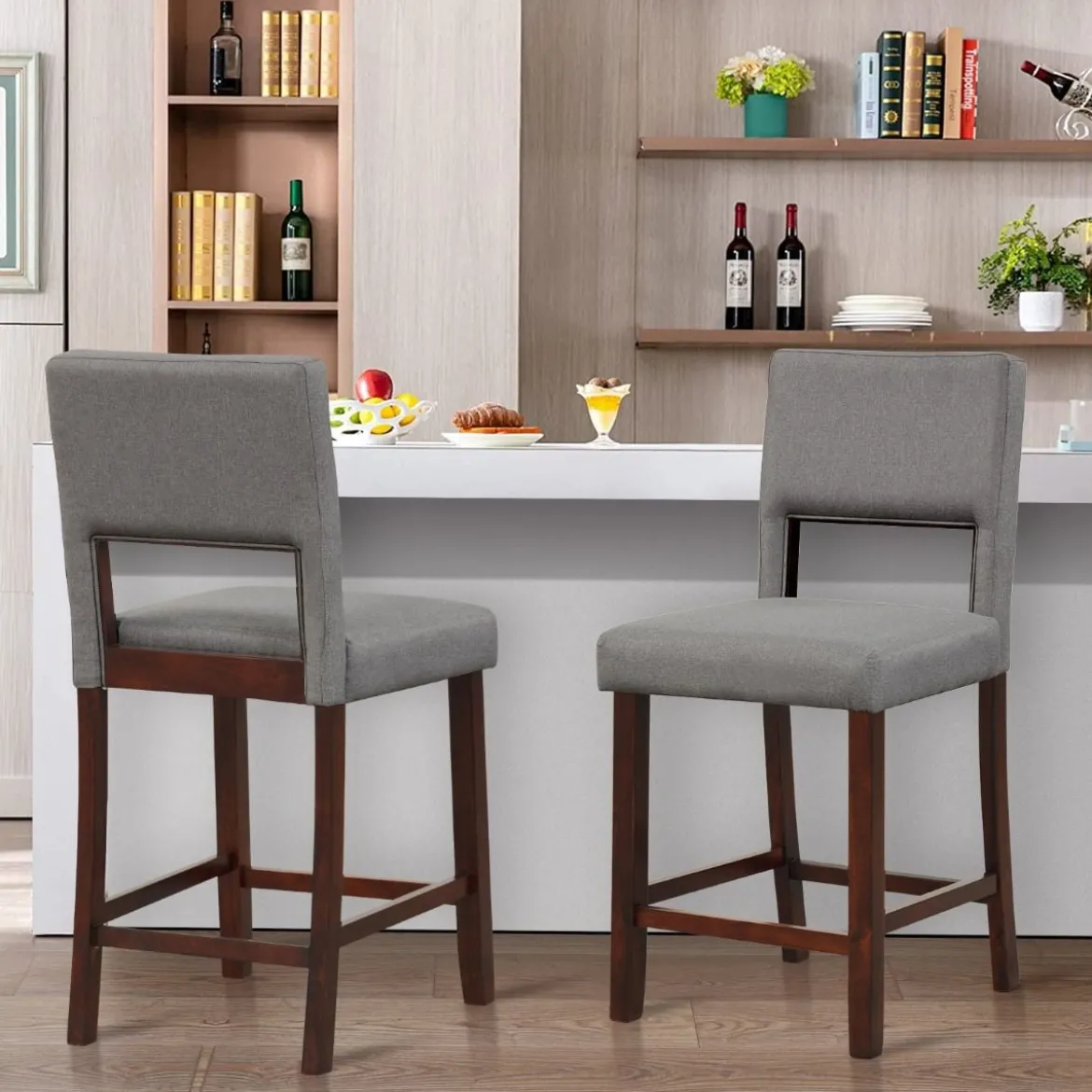 2-Teiliges Barstuhl-Set Leinen-Barhocker mit Ausgehöhlter Rückenlehne 48 x 52 x 98 cm Grau und Braun