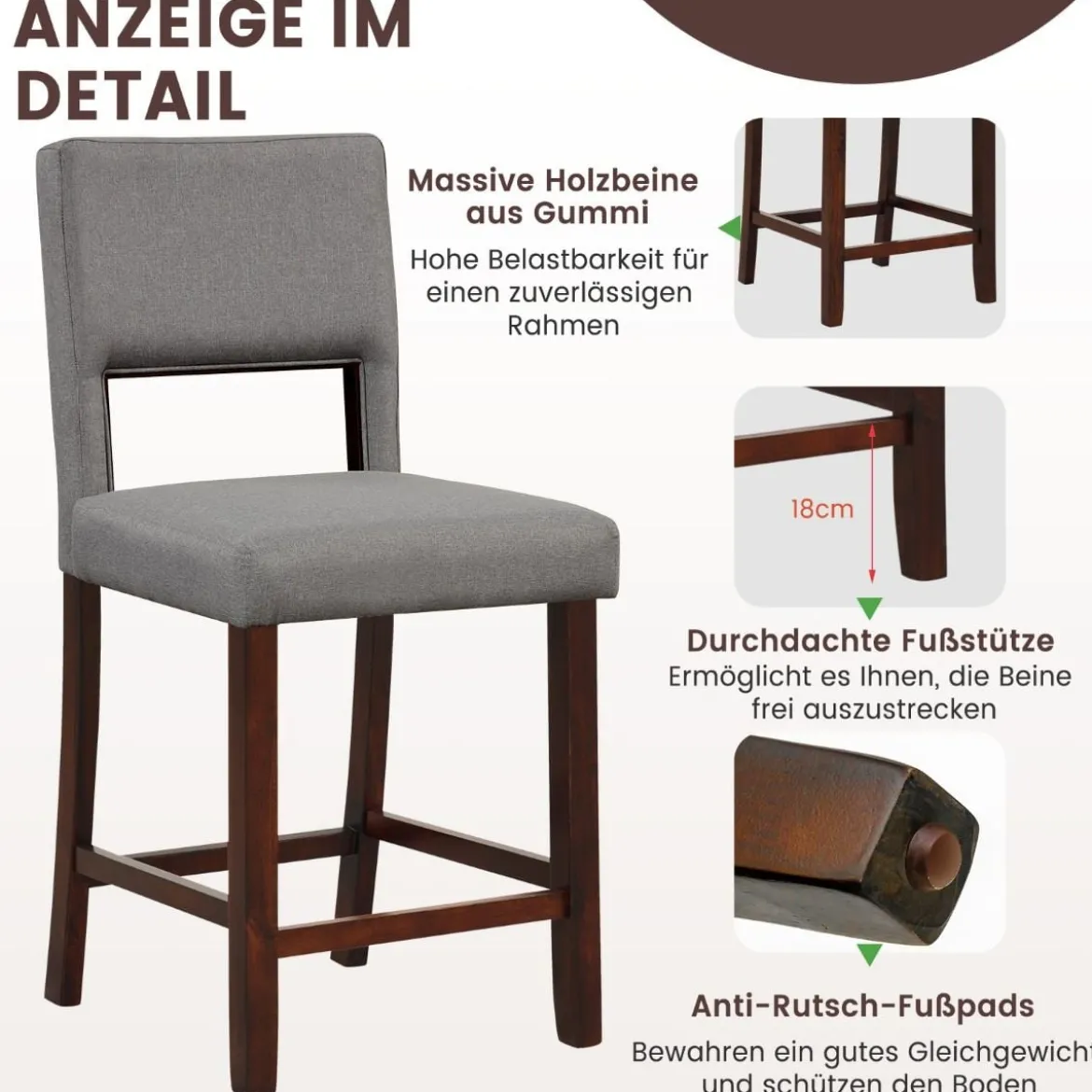 2-Teiliges Barstuhl-Set Leinen-Barhocker mit Ausgehöhlter Rückenlehne 48 x 52 x 98 cm Grau und Braun