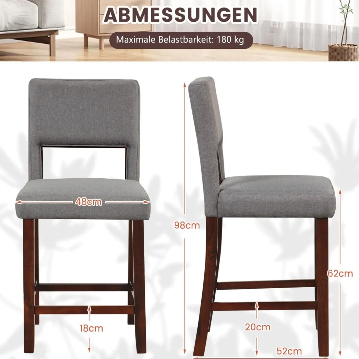 2-Teiliges Barstuhl-Set Leinen-Barhocker mit Ausgehöhlter Rückenlehne 48 x 52 x 98 cm Grau und Braun