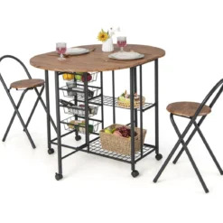 3-teiliges Bartisch Set Klappbarer Esstisch auf Rollen mit 2 Regalen & 4 Körben Braun