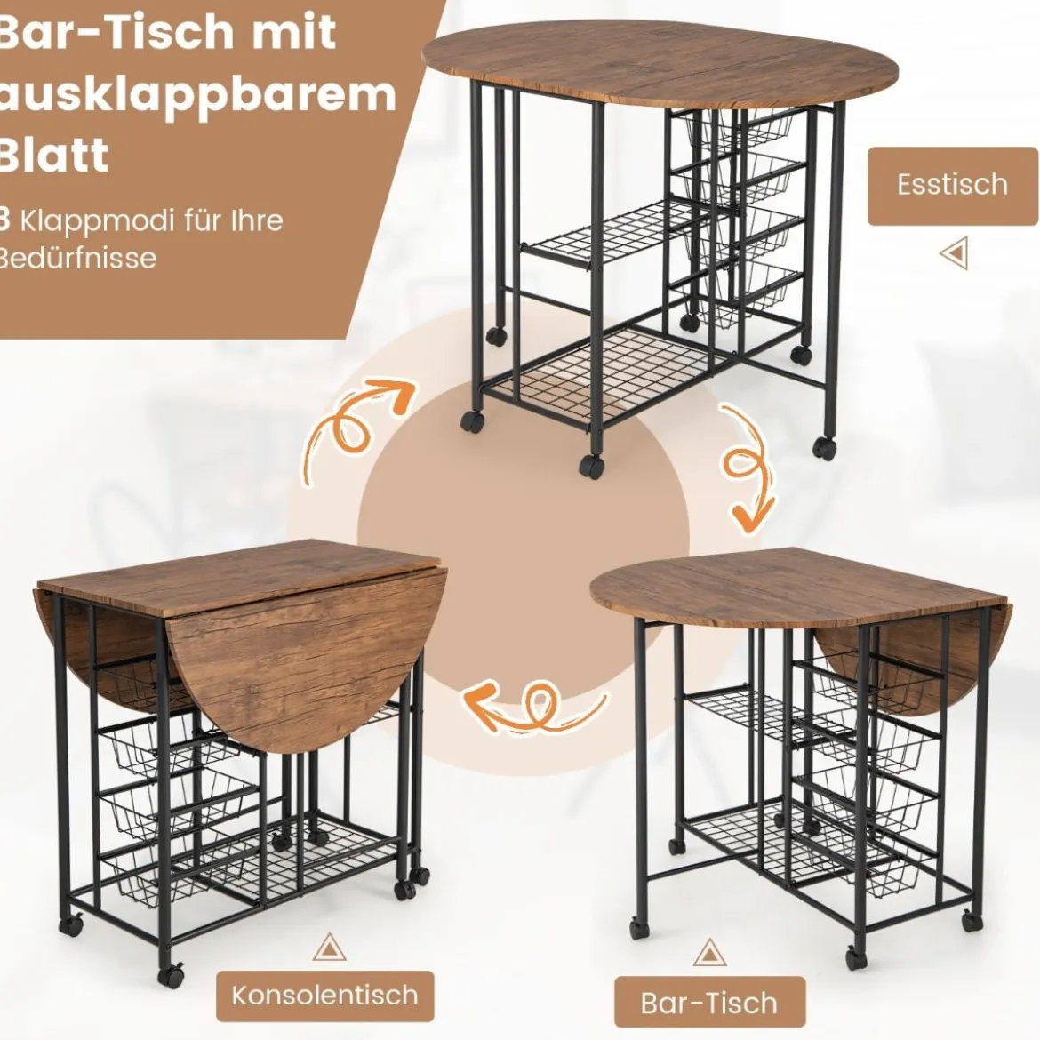 3-teiliges Bartisch Set Klappbarer Esstisch auf Rollen mit 2 Regalen & 4 Körben Braun