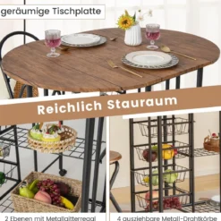 3-teiliges Bartisch Set Klappbarer Esstisch auf Rollen mit 2 Regalen & 4 Körben Braun