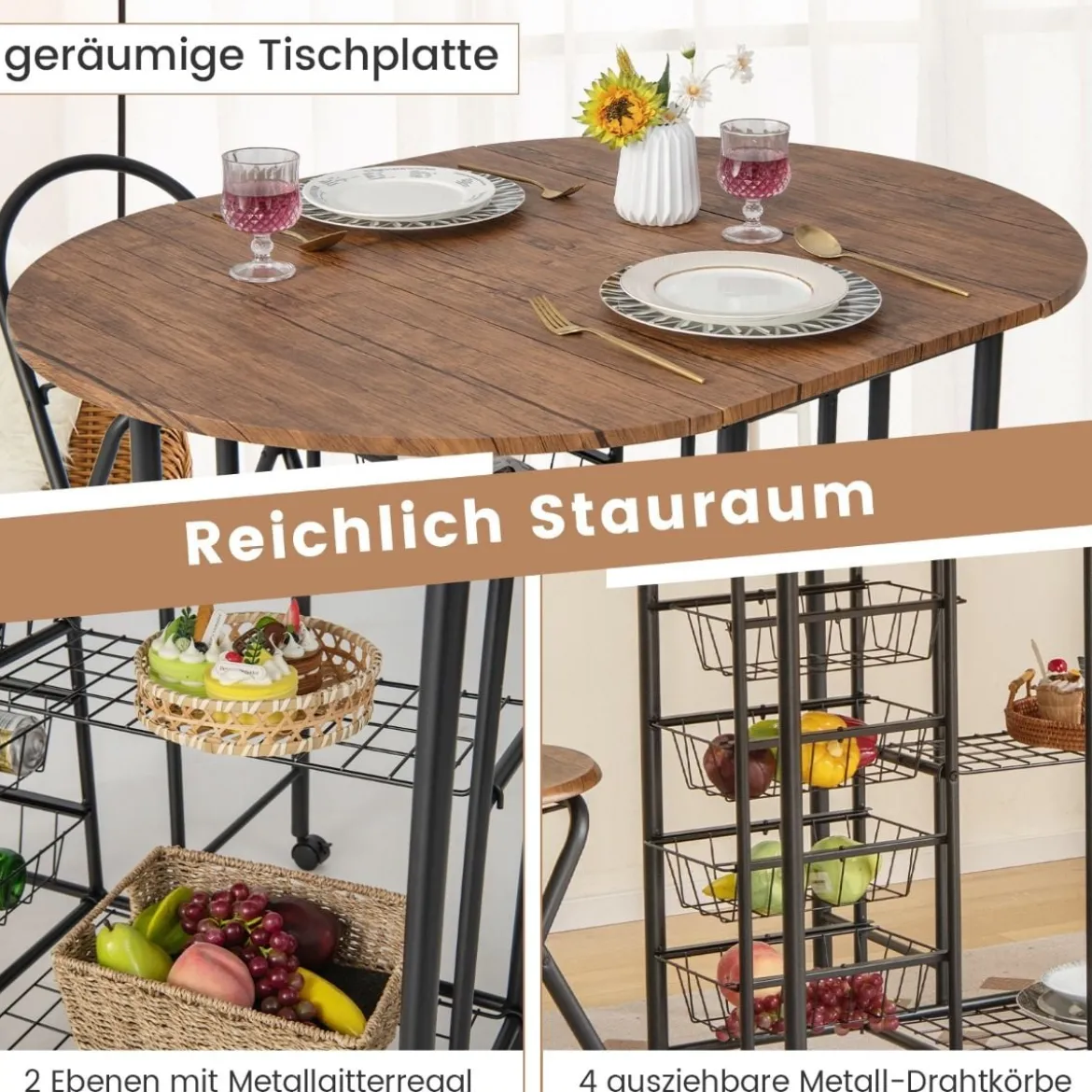 3-teiliges Bartisch Set Klappbarer Esstisch auf Rollen mit 2 Regalen & 4 Körben Braun