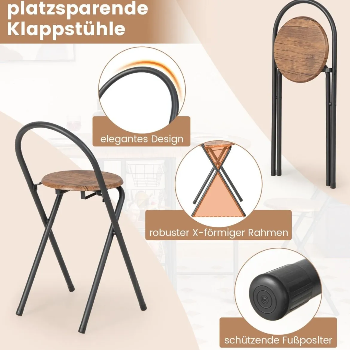 3-teiliges Bartisch Set Klappbarer Esstisch auf Rollen mit 2 Regalen & 4 Körben Braun