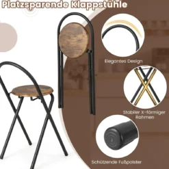 3-teiliges Bartisch Set Klappbarer Esstisch auf Rollen mit 2 Regalen & 4 Körben Vintage