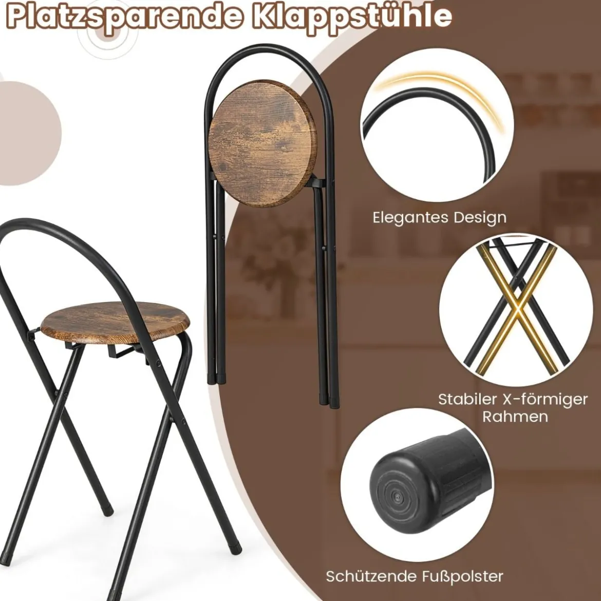 3-teiliges Bartisch Set Klappbarer Esstisch auf Rollen mit 2 Regalen & 4 Körben Vintage