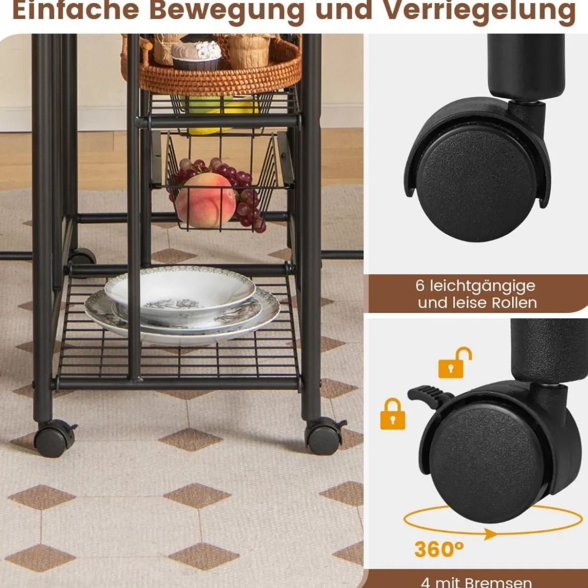3-teiliges Bartisch Set Klappbarer Esstisch auf Rollen mit 2 Regalen & 4 Körben Vintage