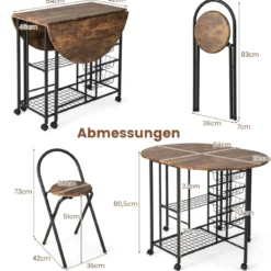 3-teiliges Bartisch Set Klappbarer Esstisch auf Rollen mit 2 Regalen & 4 Körben Vintage