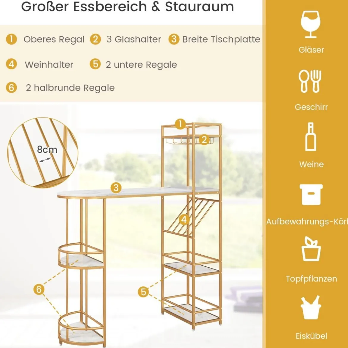 3 teiliges Bartisch Set Mamor mit Ablagefächern Glashalter & Weinregal Tresentisch mit 2 Hockern