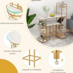 3 teiliges Bartisch Set Mamor mit Ablagefächern Glashalter & Weinregal Tresentisch mit 2 Hockern