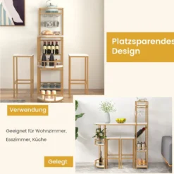 3 teiliges Bartisch Set Mamor mit Ablagefächern Glashalter & Weinregal Tresentisch mit 2 Hockern