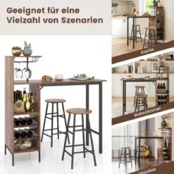 3-teiliges Bartisch- & Stuhl-Set Industrieller Pub-Tisch & Hocker Kaffee