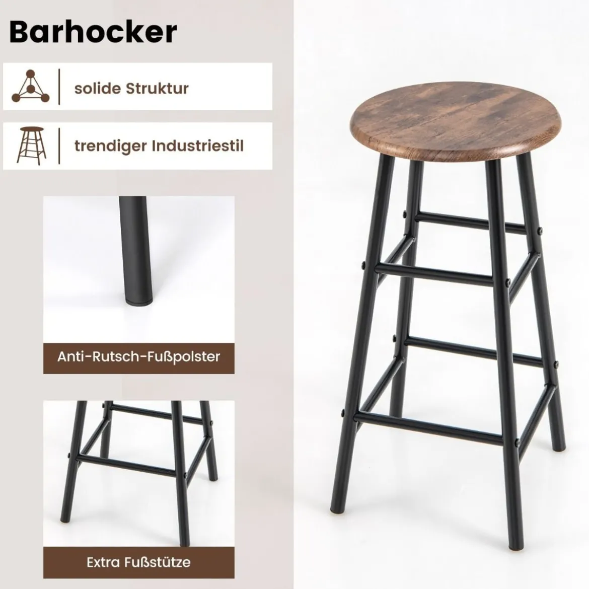 3-teiliges Bartisch- & Stuhl-Set Industrieller Pub-Tisch & Hocker Kaffee