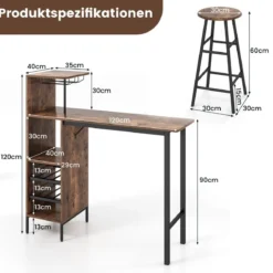 3-teiliges Bartisch- & Stuhl-Set Industrieller Pub-Tisch & Hocker Kaffee