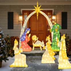 7-teiliges beleuchtetes Weihnachtskrippenset 15 m hohe vorbeleuchtete Heilige Familie und 3 Weise mit 310 warmweißen LED-Lichtern