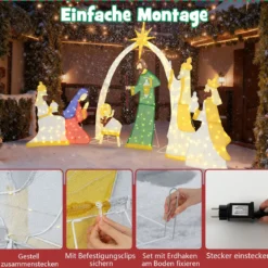 7-teiliges beleuchtetes Weihnachtskrippenset 15 m hohe vorbeleuchtete Heilige Familie und 3 Weise mit 310 warmweißen LED-Lichtern