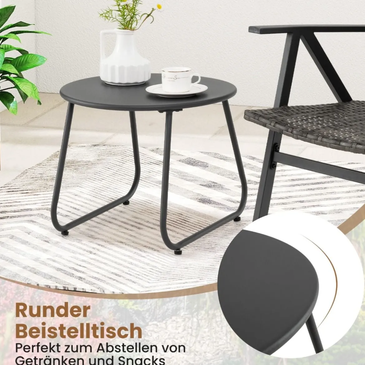 3-teiliges Bistro-Set für den Außenbereich Gartenmöbel-Set inkl. runder Beistelltisch & 2 Stühle aus Metallrahmen