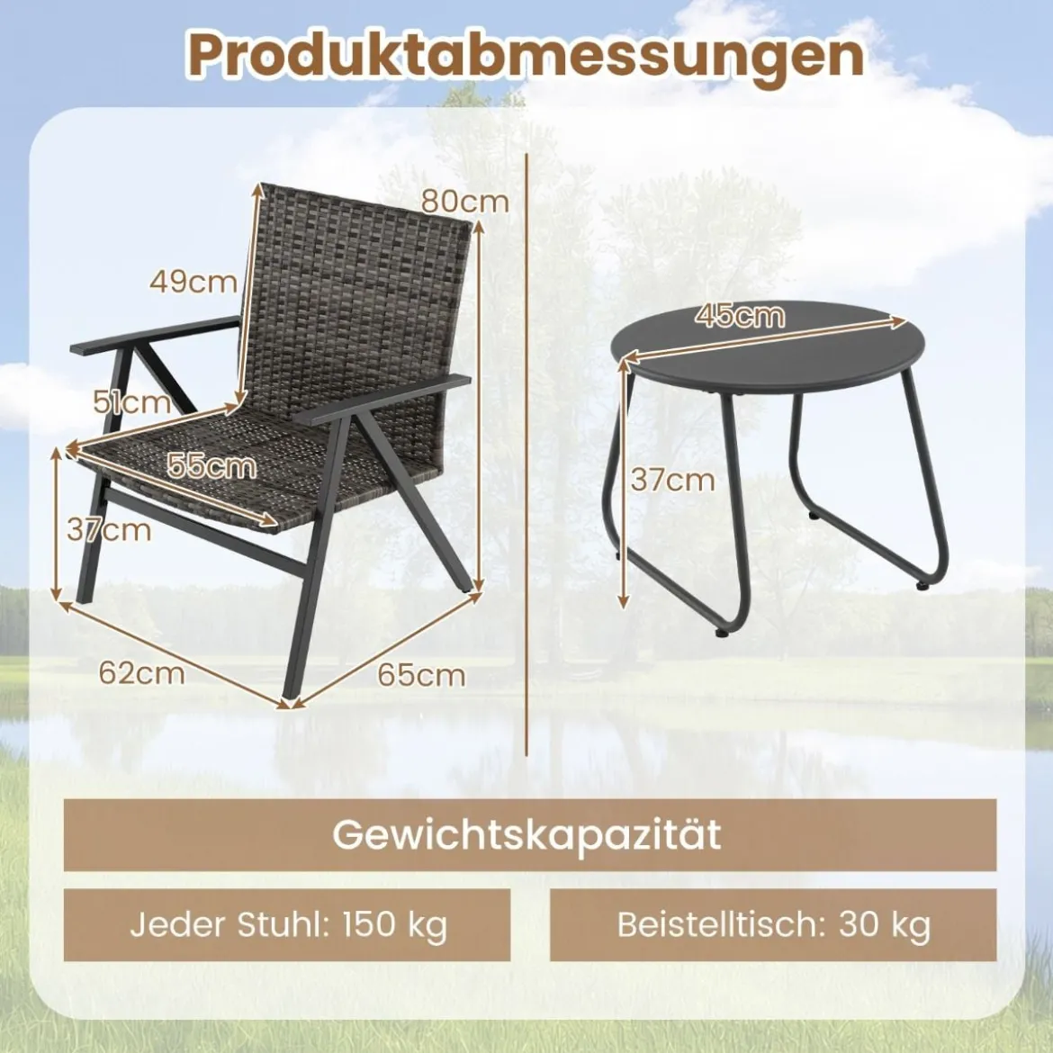 3-teiliges Bistro-Set für den Außenbereich Gartenmöbel-Set inkl. runder Beistelltisch & 2 Stühle aus Metallrahmen