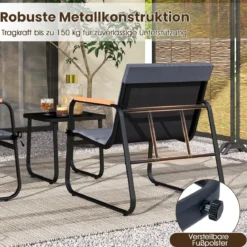 3-teiliges Bistro-Set für die Terrasse Outdoor-Gesprächsgruppe mit Polstern & Glas-Couchtisch Schwarz