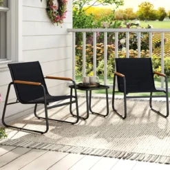 3-teiliges Bistro-Set für die Terrasse Outdoor-Gesprächsgruppe mit Polstern & Glas-Couchtisch Schwarz