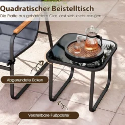 3-teiliges Bistro-Set für die Terrasse Outdoor-Gesprächsgruppe mit Polstern & Glas-Couchtisch Schwarz