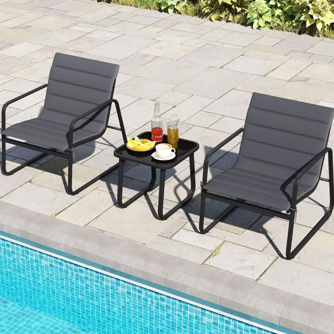 3-teiliges Bistro-Set für die Terrasse Outdoor-Stühle & Beistelltisch mit abnehmbaren Kissen Grau
