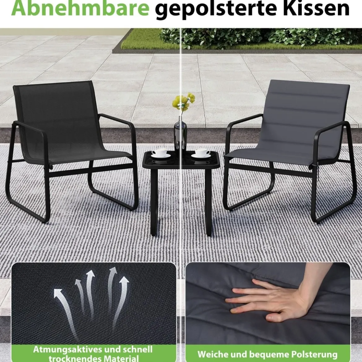 3-teiliges Bistro-Set für die Terrasse Outdoor-Stühle & Beistelltisch mit abnehmbaren Kissen Grau