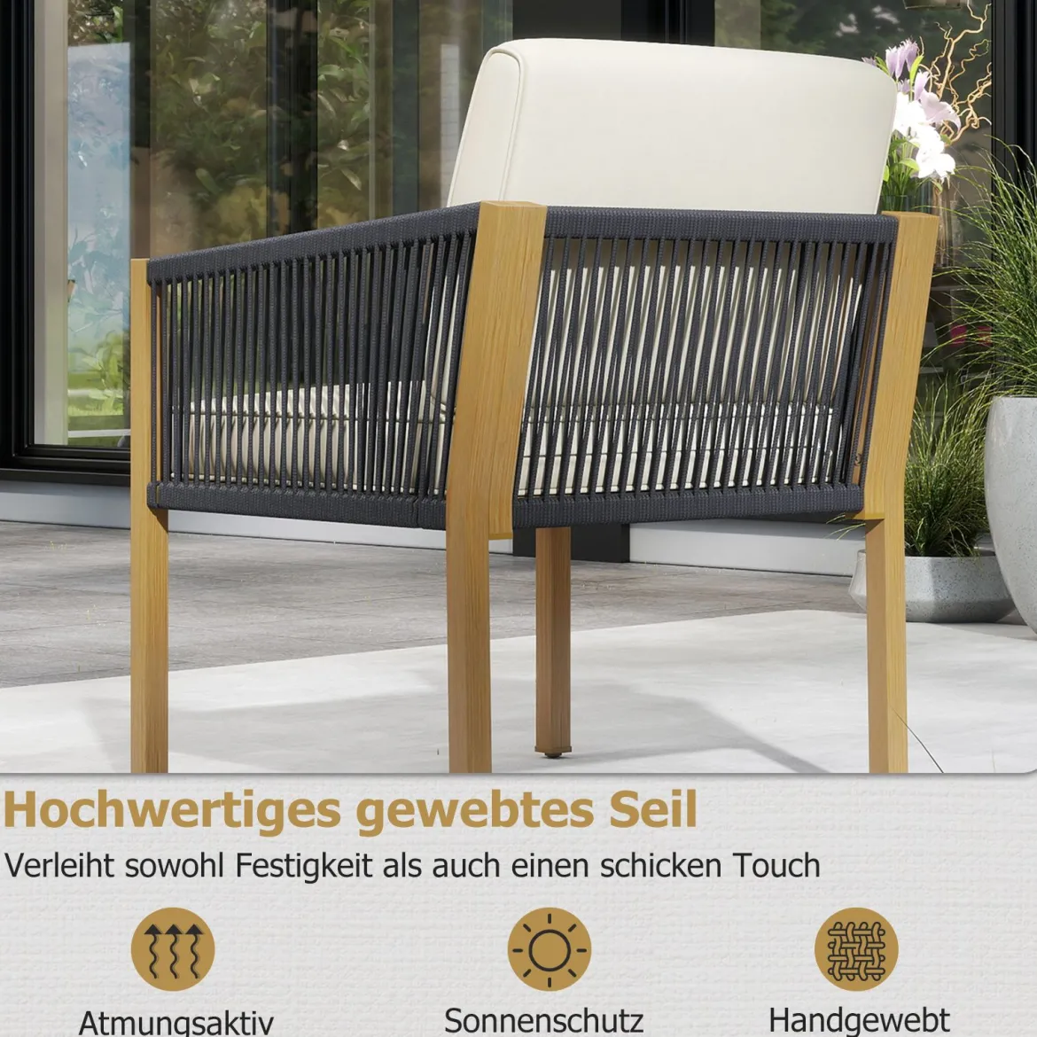 3 Teiliges Bistro Set Geflochtenes Seil mit Kissen für Balkon Terrasse Garten Beige
