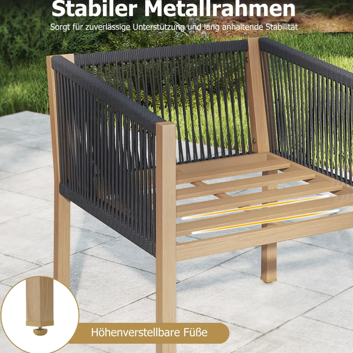 3 Teiliges Bistro Set Geflochtenes Seil mit Kissen für Balkon Terrasse Garten Beige