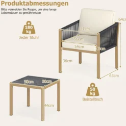 3 Teiliges Bistro Set Geflochtenes Seil mit Kissen für Balkon Terrasse Garten Beige