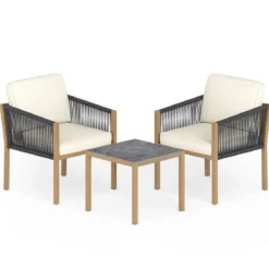 3 Teiliges Bistro Set Geflochtenes Seil mit Kissen für Balkon Terrasse Garten Beige