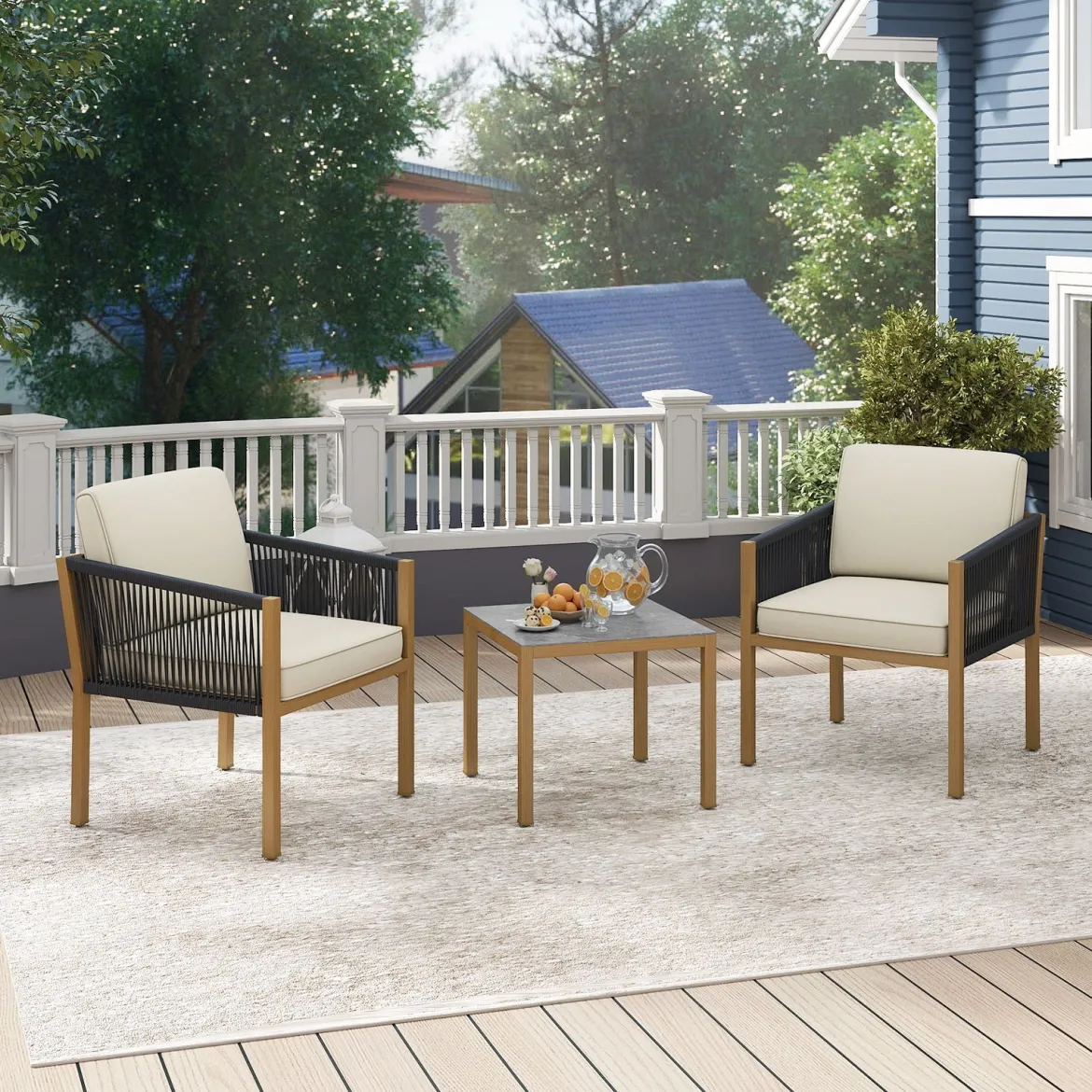 3 Teiliges Bistro Set Geflochtenes Seil mit Kissen für Balkon Terrasse Garten Beige