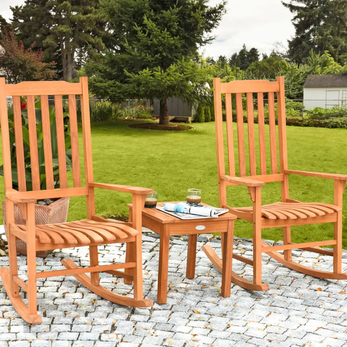 3-Teiliges Bistro-Set mit Schaukelstühlen aus Eukalyptusholz Natur