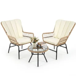 3-teiliges Bistro-Set PE-Rattan Gartenmöbel Set mit Polstern Sitzgruppe mit 2 Stühle & temperiertem Glastisch Beige
