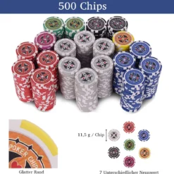 500-teiliges Casino Pokerset mit Chips & Spielkarten & Würfel & Händler-Chips & Tischtuch Silber