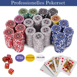 500-teiliges Casino Pokerset mit Chips & Spielkarten & Würfel & Händler-Chips & Tischtuch Silber