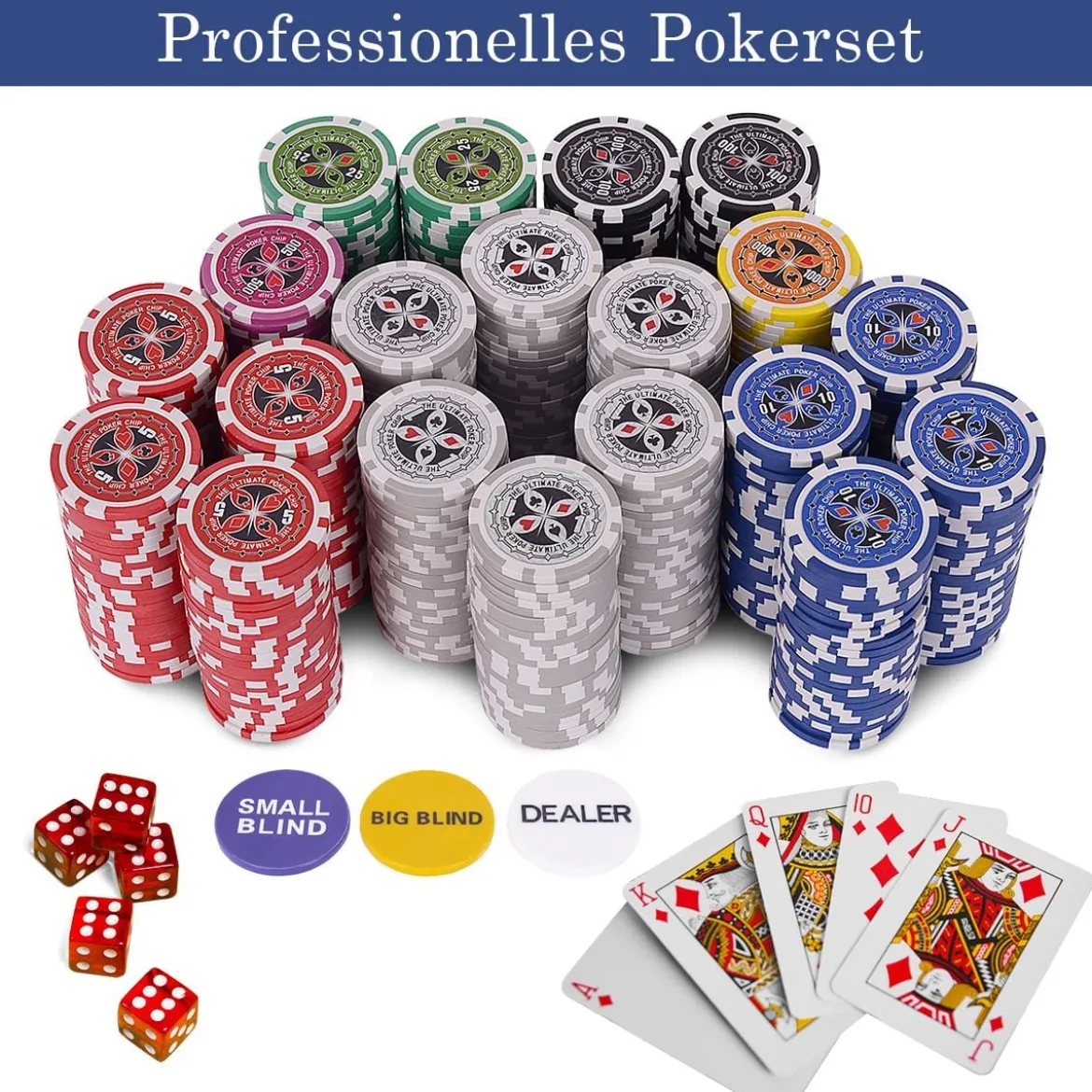 500-teiliges Casino Pokerset mit Chips & Spielkarten & Würfel & Händler-Chips & Tischtuch Schwarz
