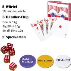 500-teiliges Casino Pokerset mit Chips & Spielkarten & Würfel & Händler-Chips & Tischtuch Schwarz