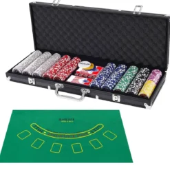 500-teiliges Casino Pokerset mit Chips & Spielkarten & Würfel & Händler-Chips & Tischtuch Schwarz