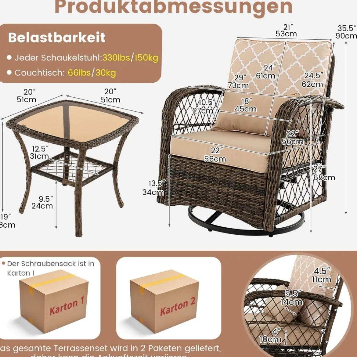 3-Teiliges Drehbares Gartenmöbel-Set für die Terrasse