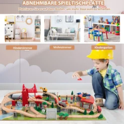 100-teiliges Eisenbahn-Spielzeugset aus Holz mit umkehrbarer Tischplatte für Kinder ab 3 Jahren