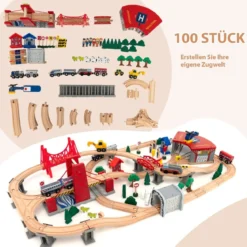 100-teiliges Eisenbahn-Spielzeugset aus Holz mit umkehrbarer Tischplatte für Kinder ab 3 Jahren