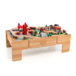 100-teiliges Eisenbahn-Spielzeugset aus Holz mit umkehrbarer Tischplatte für Kinder ab 3 Jahren