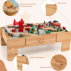 100-teiliges Eisenbahn-Spielzeugset aus Holz mit umkehrbarer Tischplatte für Kinder ab 3 Jahren