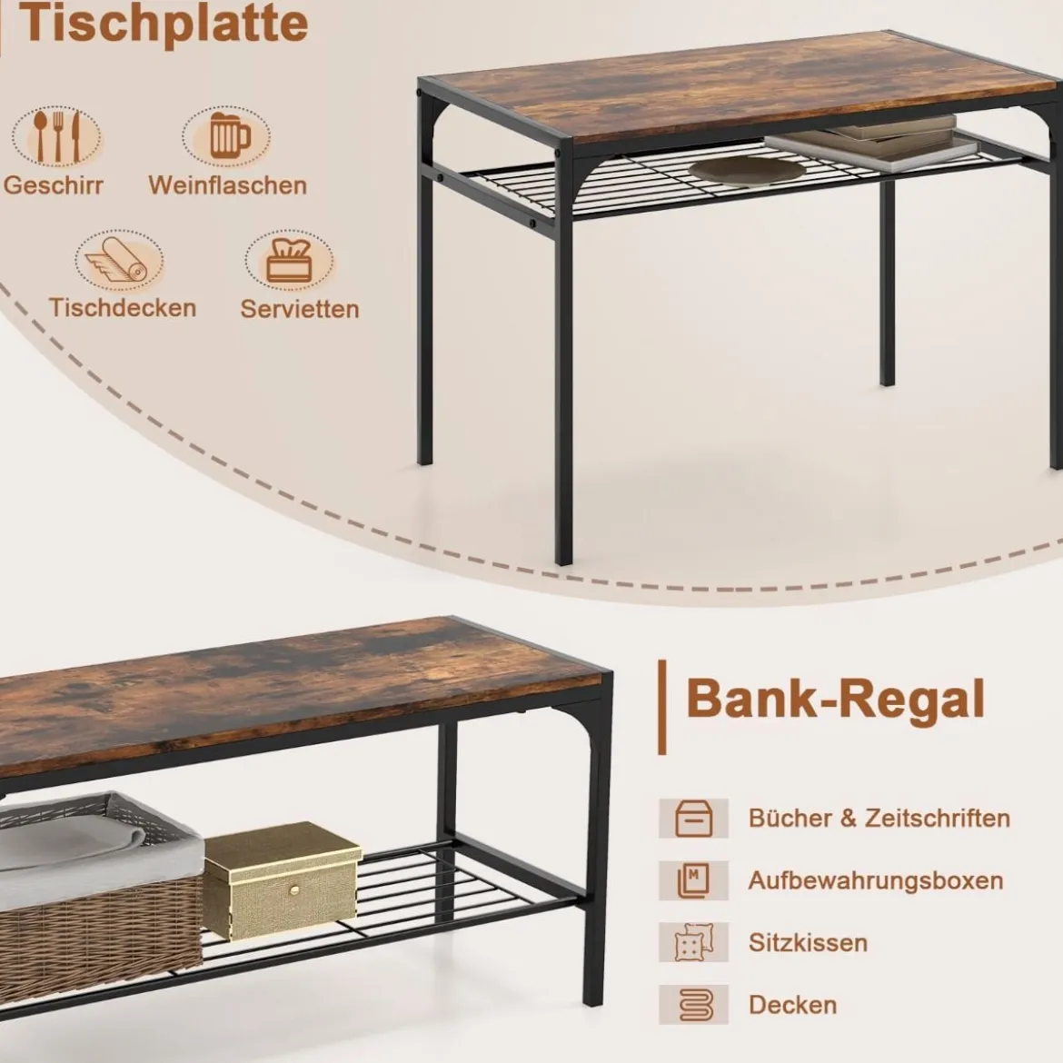 4-teiliges Essgruppen Set Küchentisch mit 2 Stühlen & 1 Bank & Regal Industrie Sitzgruppe Braun