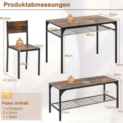 4-teiliges Essgruppen Set Küchentisch mit 2 Stühlen & 1 Bank & Regal Industrie Sitzgruppe Braun