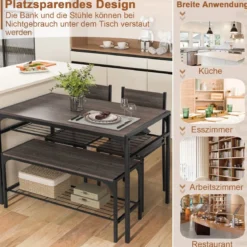 4-teiliges Essgruppen Set Küchentisch mit 2 Stühlen & 1 Bank & Regal Industrie Sitzgruppe Grau