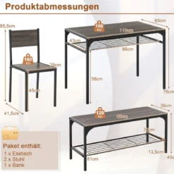 4-teiliges Essgruppen Set Küchentisch mit 2 Stühlen & 1 Bank & Regal Industrie Sitzgruppe Grau