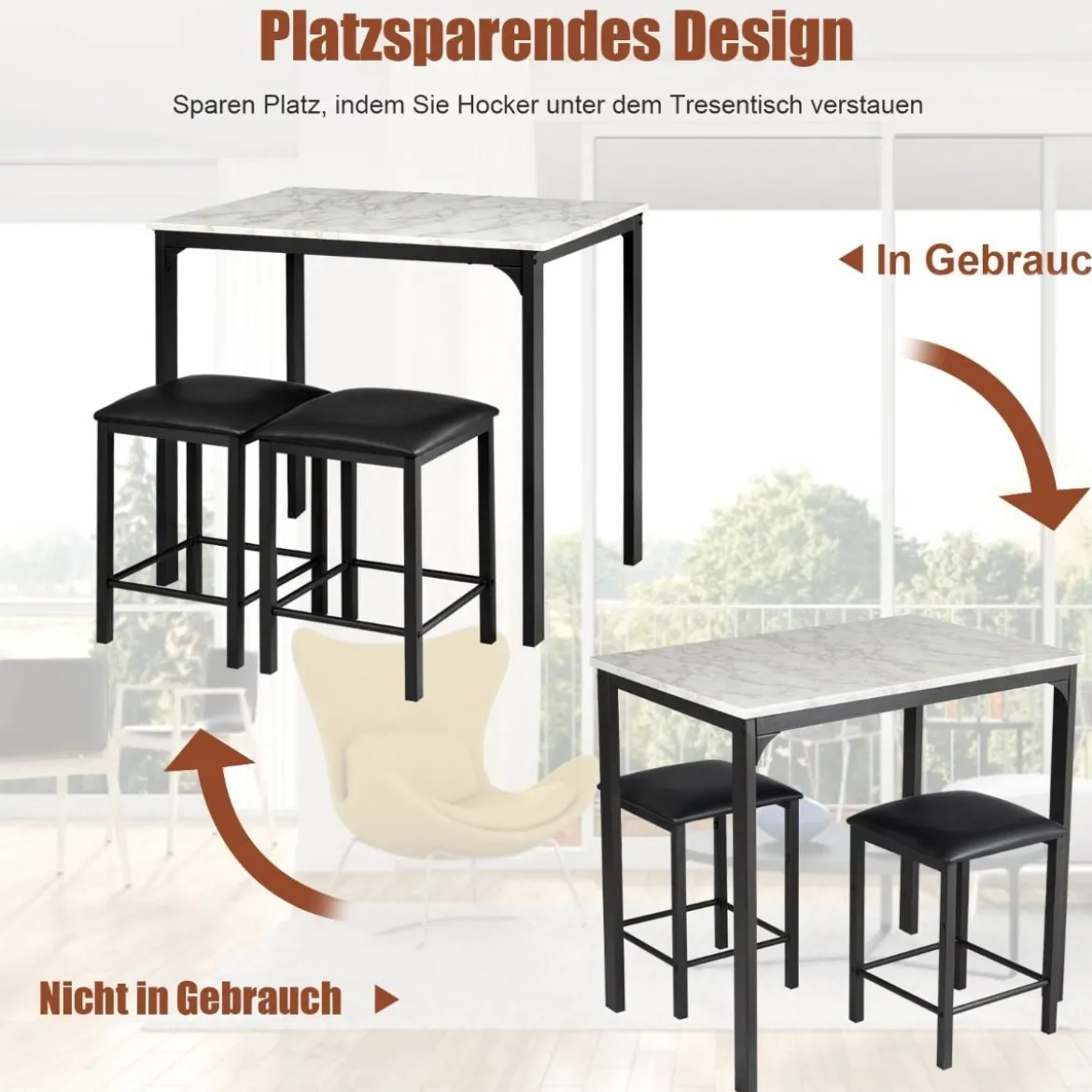 3 teiliges Esstisch Set Bartisch Set mit 2 Gepolsterten Barhockern Metallgestell Weiß