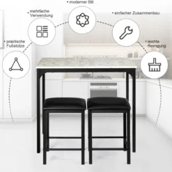 3 teiliges Esstisch Set Bartisch Set mit 2 Gepolsterten Barhockern Metallgestell Weiß